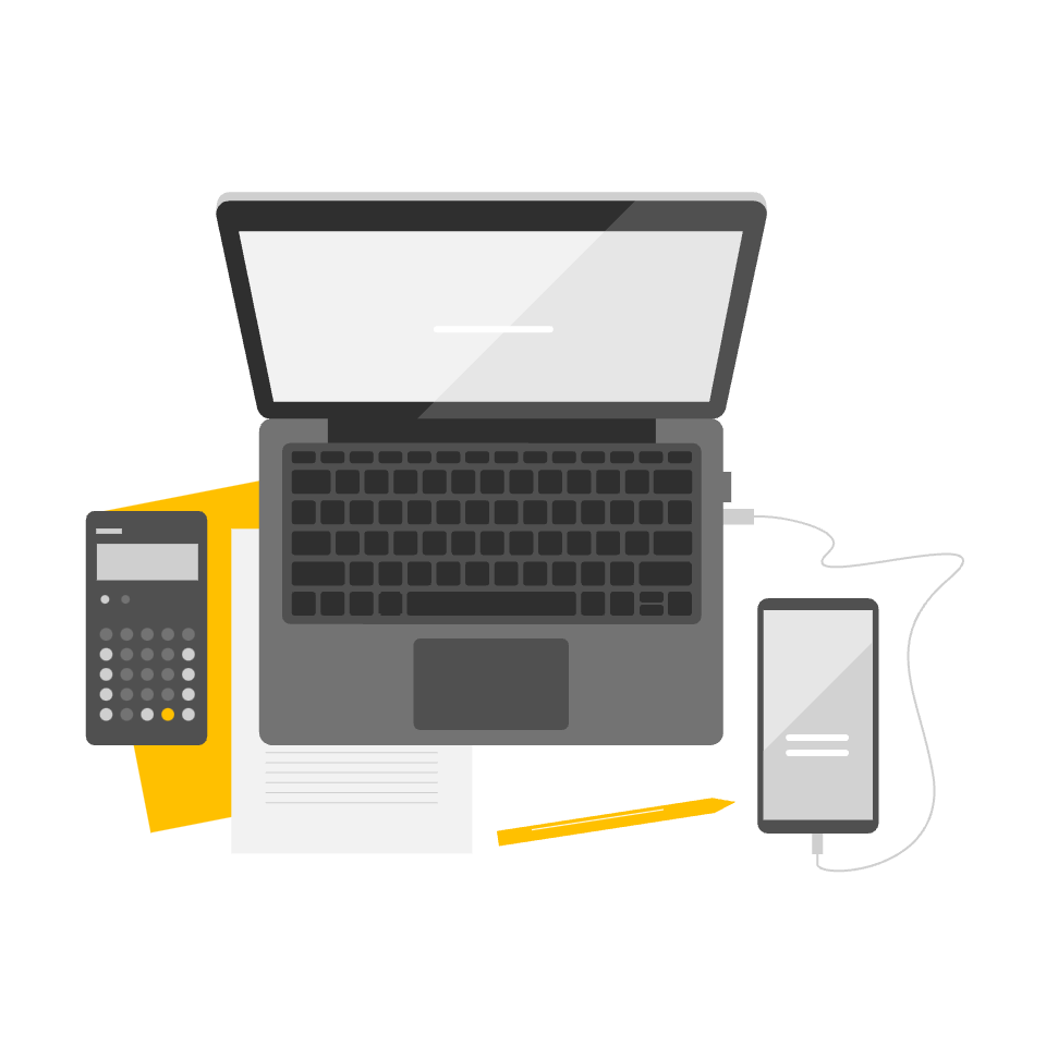 Laptop with phone and calculator